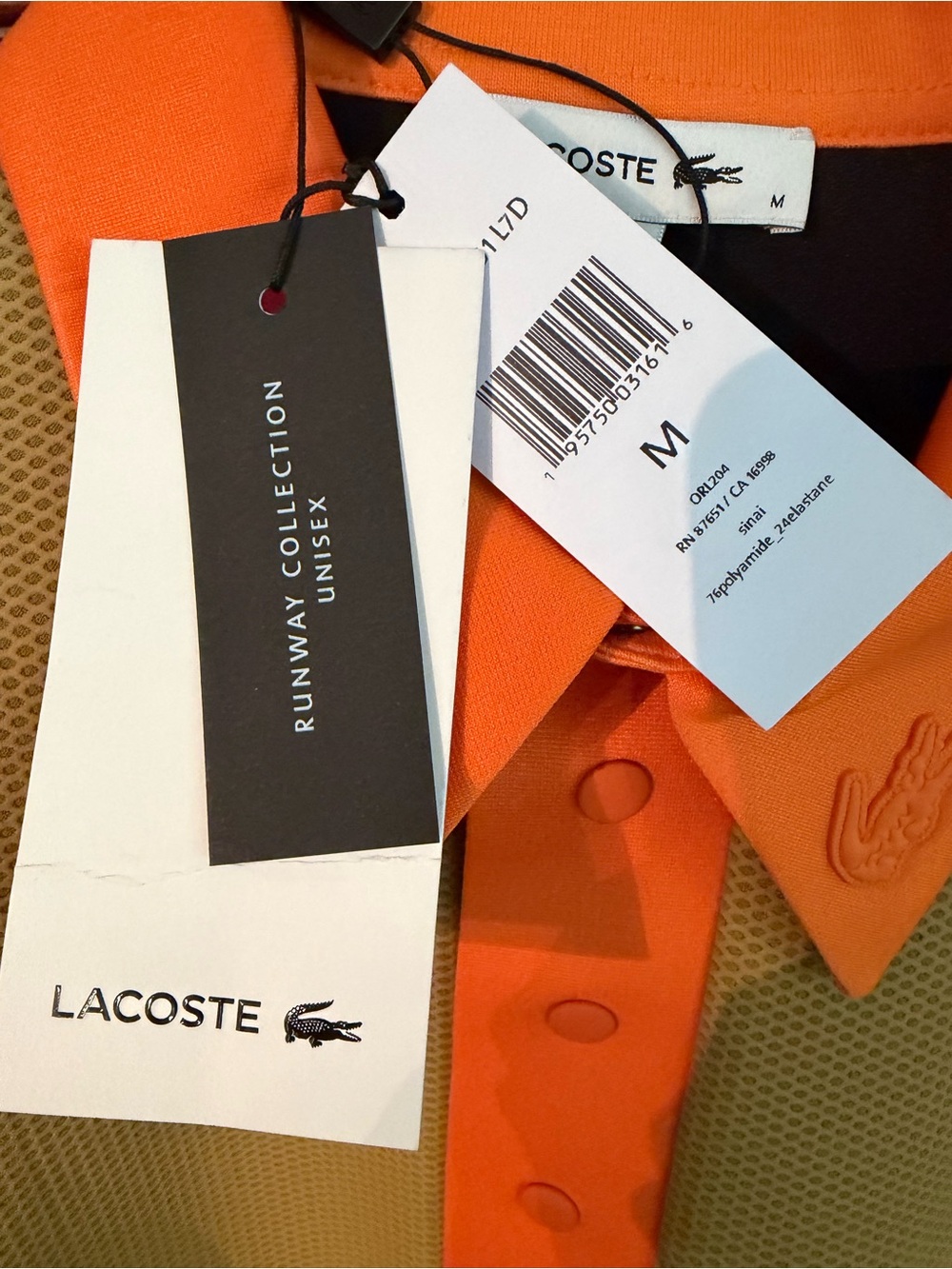 Lacoste Unisex Olive Green/Tan Polo with Orange Collar and Cuffs..RARE - Picture 5 of 5